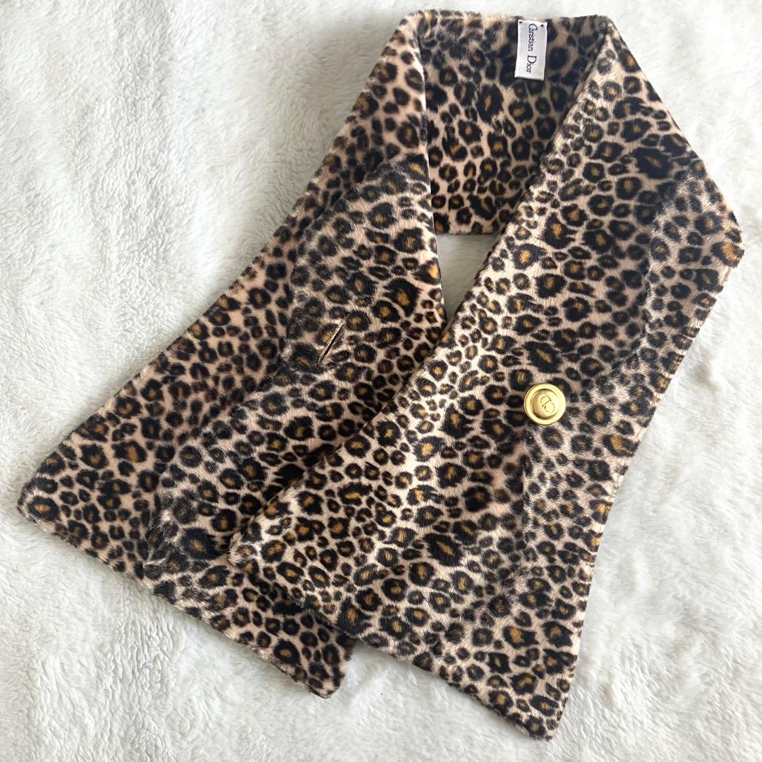 クリスチャンディオール CD金ボタン レオパード エコファーマフラー イタリア製