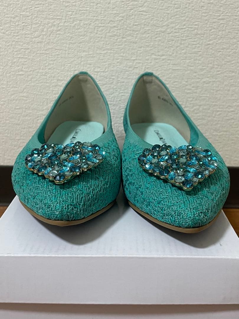 CUMUU_DIANA フラットシューズ　パンプス ビジュー ハート グリーン