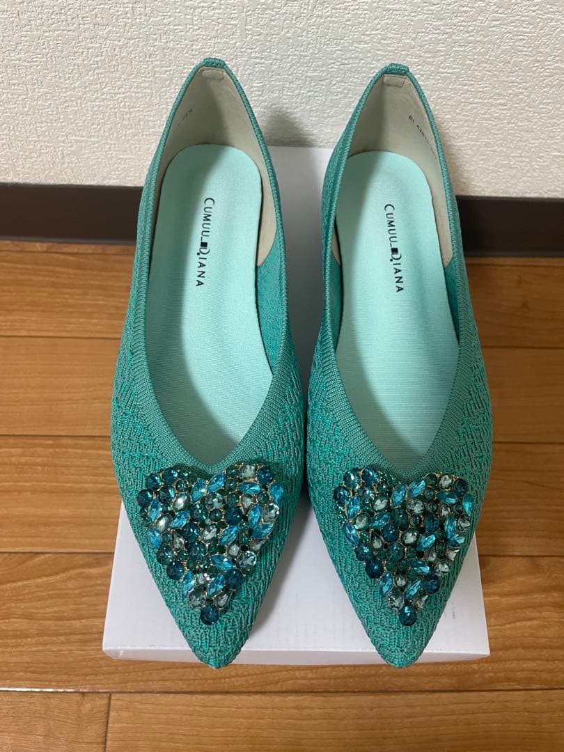 CUMUU_DIANA フラットシューズ　パンプス ビジュー ハート グリーン