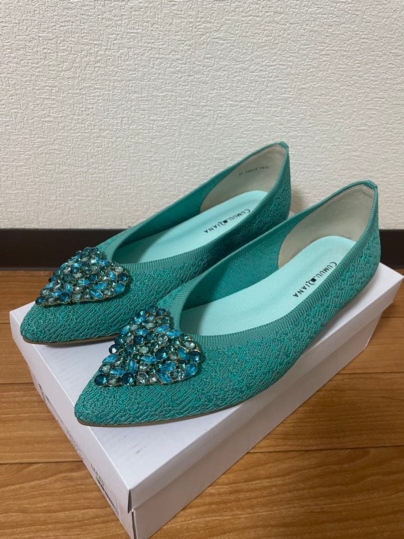 CUMUU_DIANA フラットシューズ　パンプス ビジュー ハート グリーン