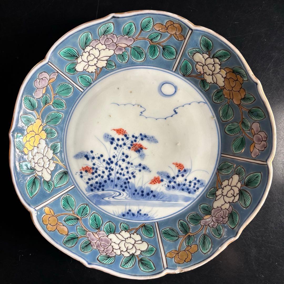 アンティークプレート　古伊万里　色絵付け　時代物 青と白の花柄皿5枚セット