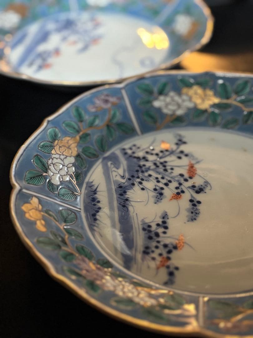 アンティークプレート　古伊万里　色絵付け　時代物 青と白の花柄皿5枚セット