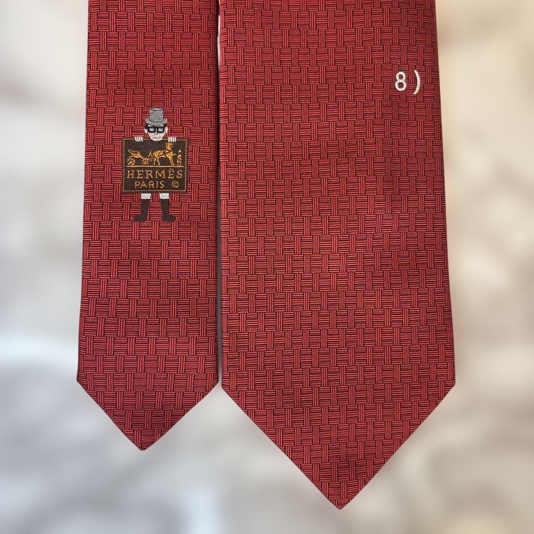 【タグ&箱&カード付✨】HERMES ネクタイ　レッド　赤　ファソネ　刺繍