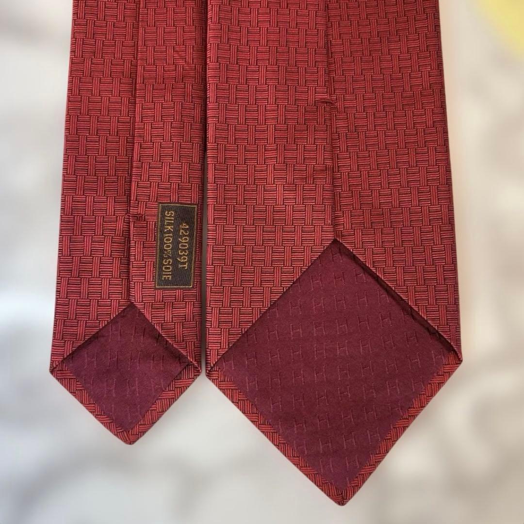 【タグ&箱&カード付✨】HERMES ネクタイ　レッド　赤　ファソネ　刺繍