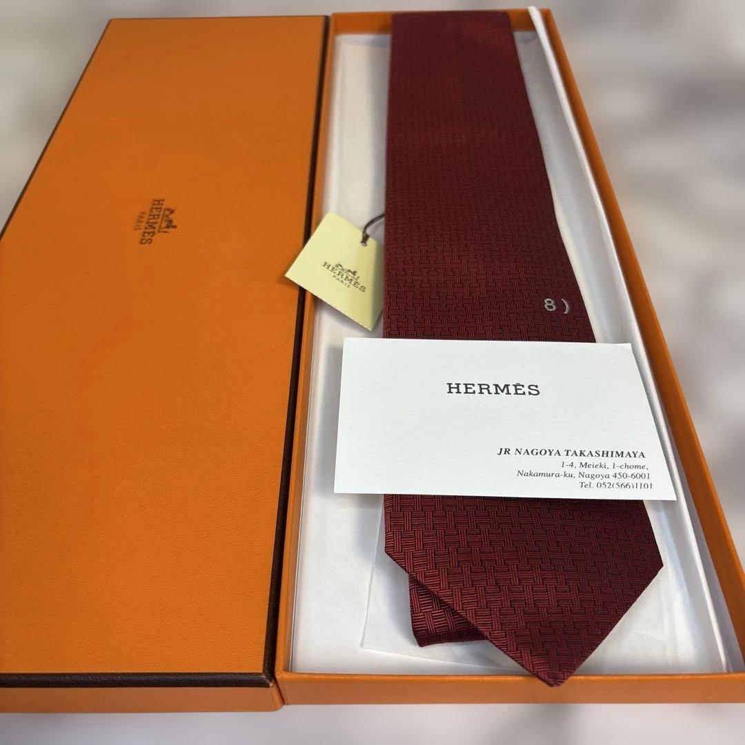 【タグ&箱&カード付✨】HERMES ネクタイ　レッド　赤　ファソネ　刺繍