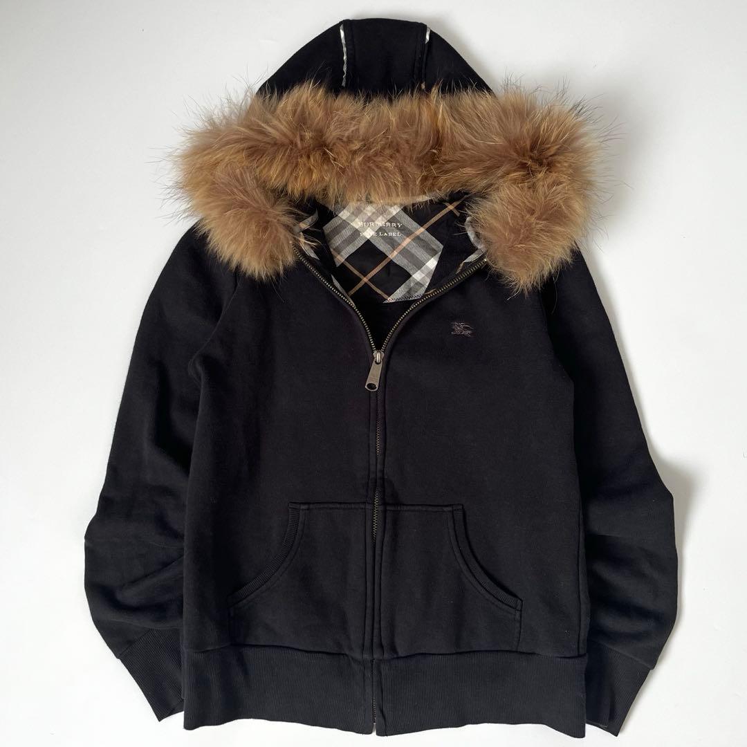 バーバリーブルーレーベル フードファー付 パーカー ノバチェック 2WAY黒