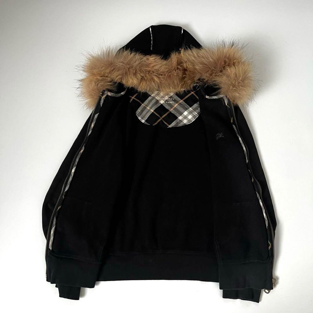 バーバリーブルーレーベル フードファー付 パーカー ノバチェック 2WAY黒