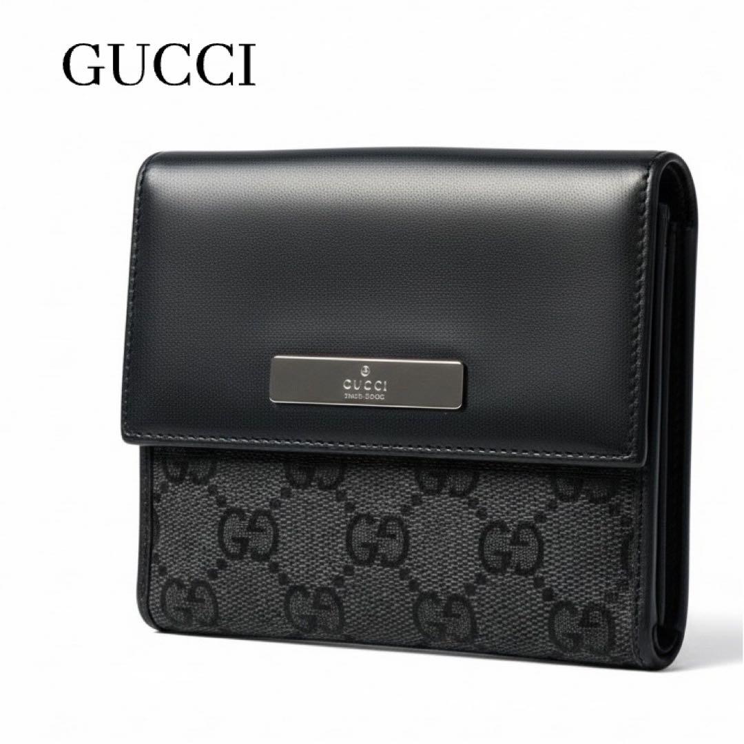 美品 ‪☆ GUCCI ブラック Wホック GGキャンバス レザー 二つ折り財布