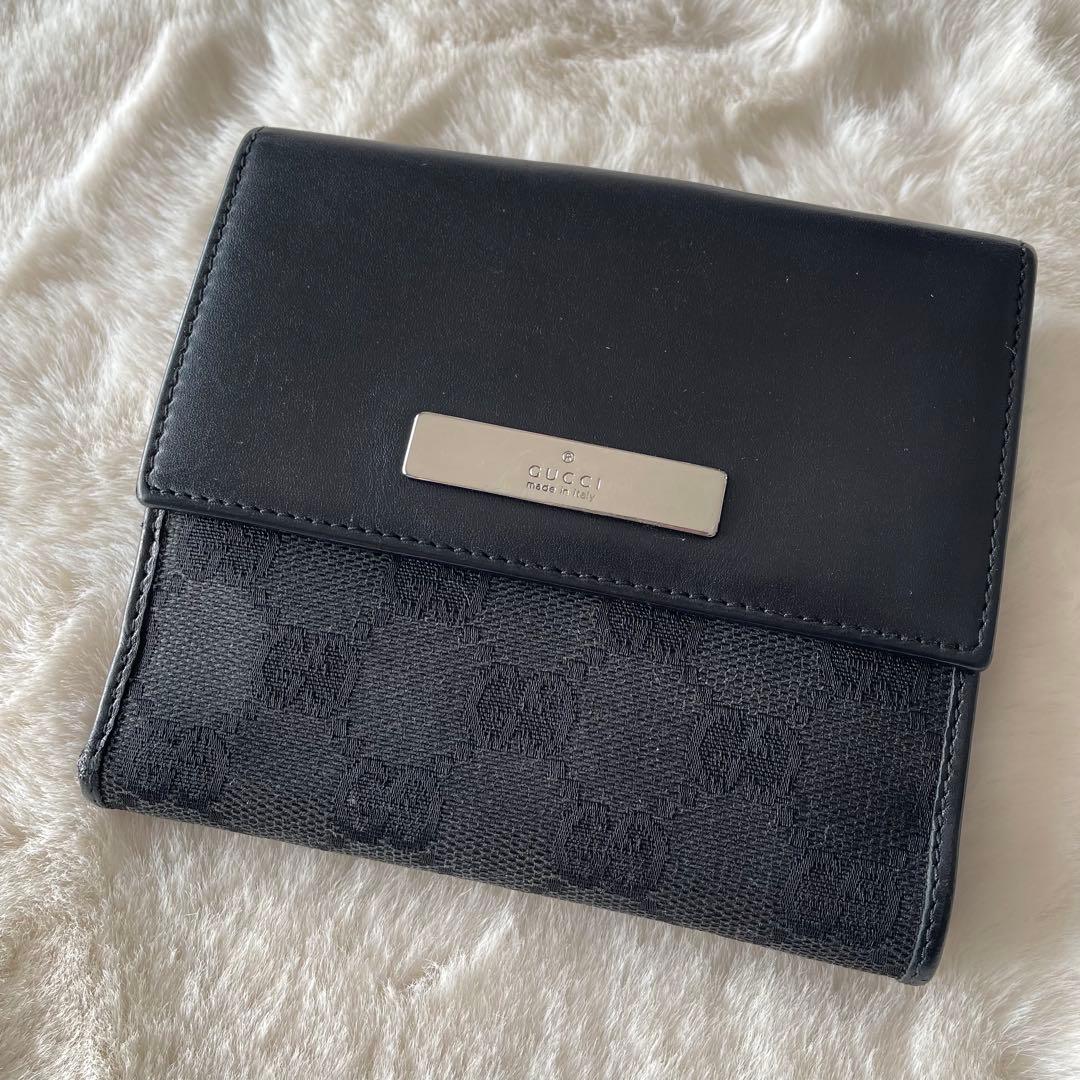 美品 ‪☆ GUCCI ブラック Wホック GGキャンバス レザー 二つ折り財布