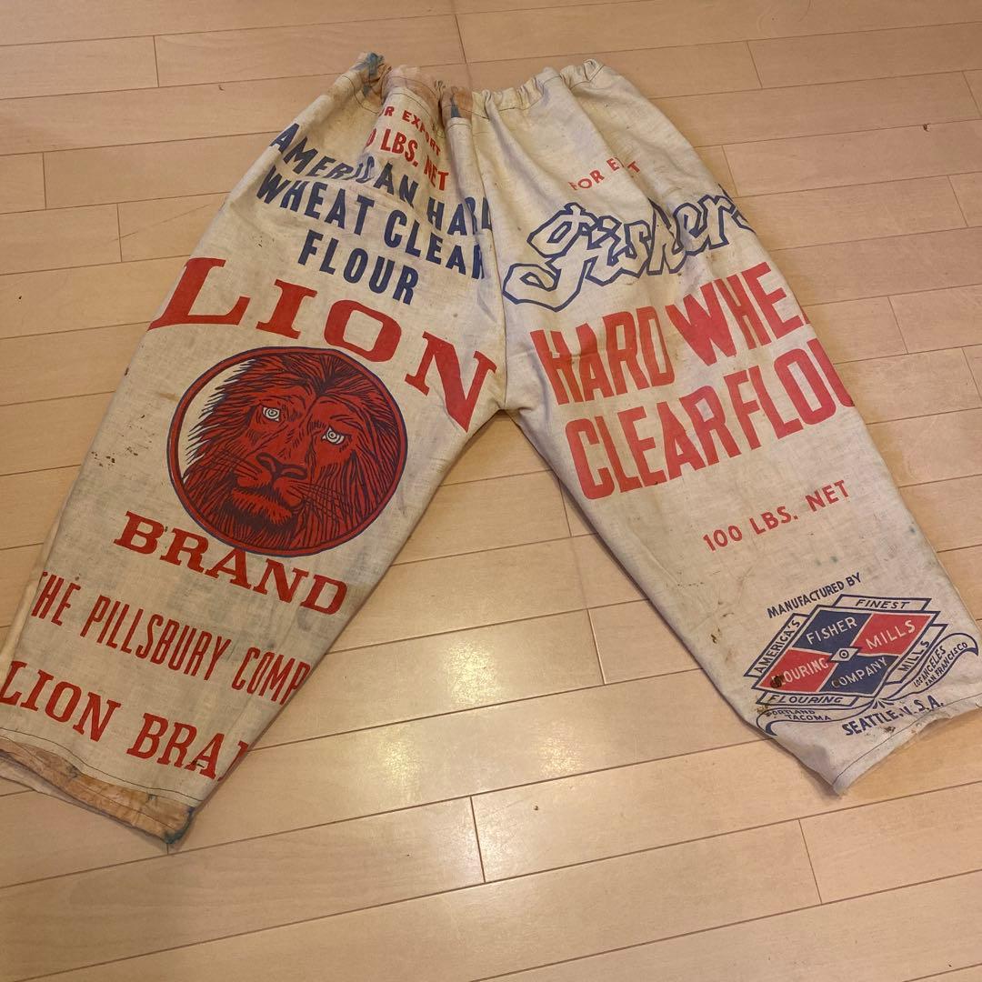 ウ*ん様 もんぺ手作りバルーンパンツ粉袋 繭袋 木綿 襤褸 ボロ 昭和レトロ 柿