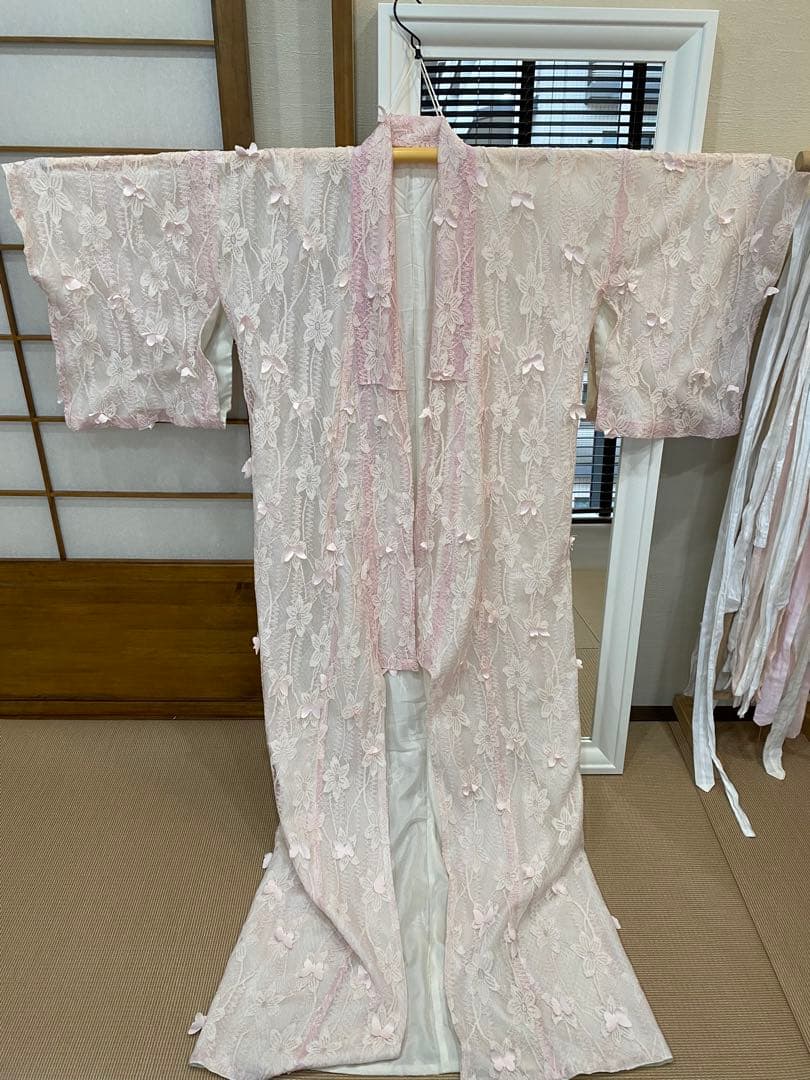 蝶柄 レース着物 ピンク 和洋ミックス 小紋 バッグおまけ付き