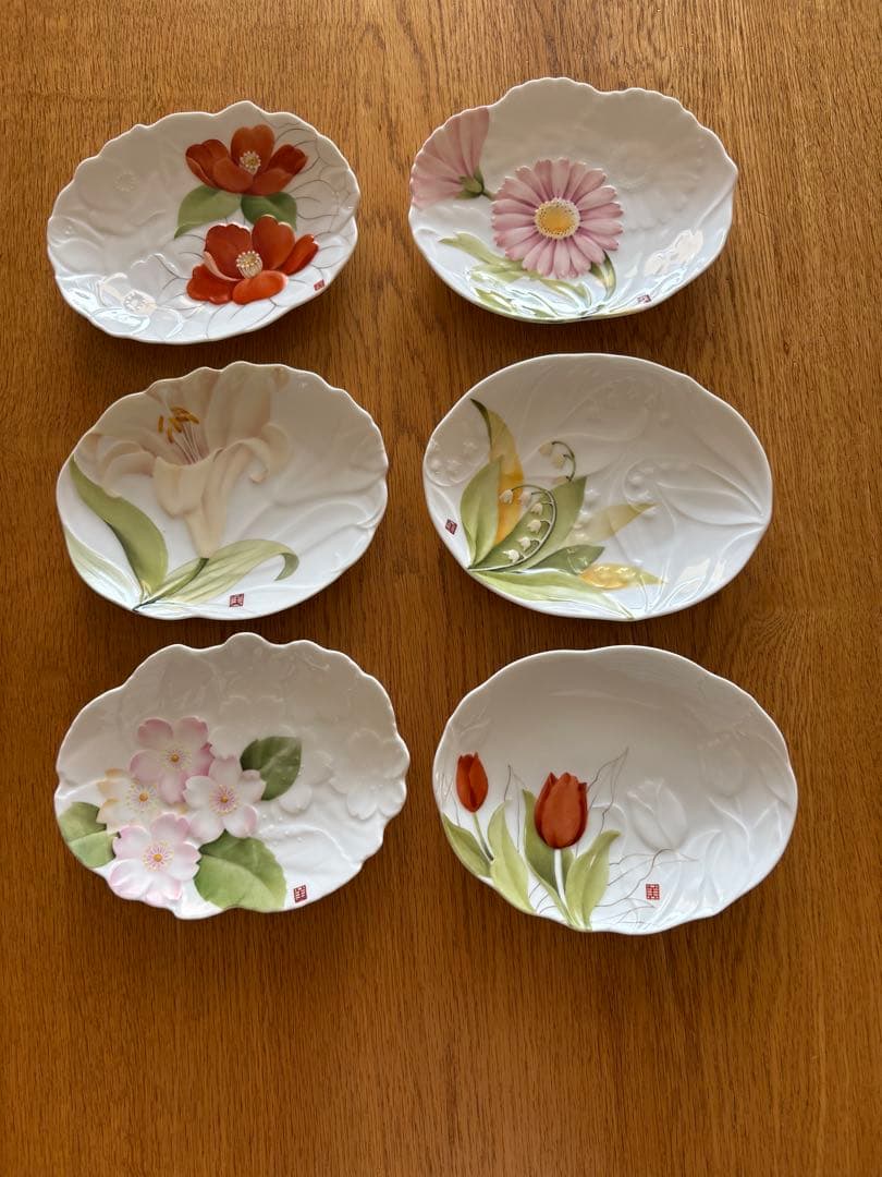 作家物　絵付け花柄皿 6枚セット 約18cm
