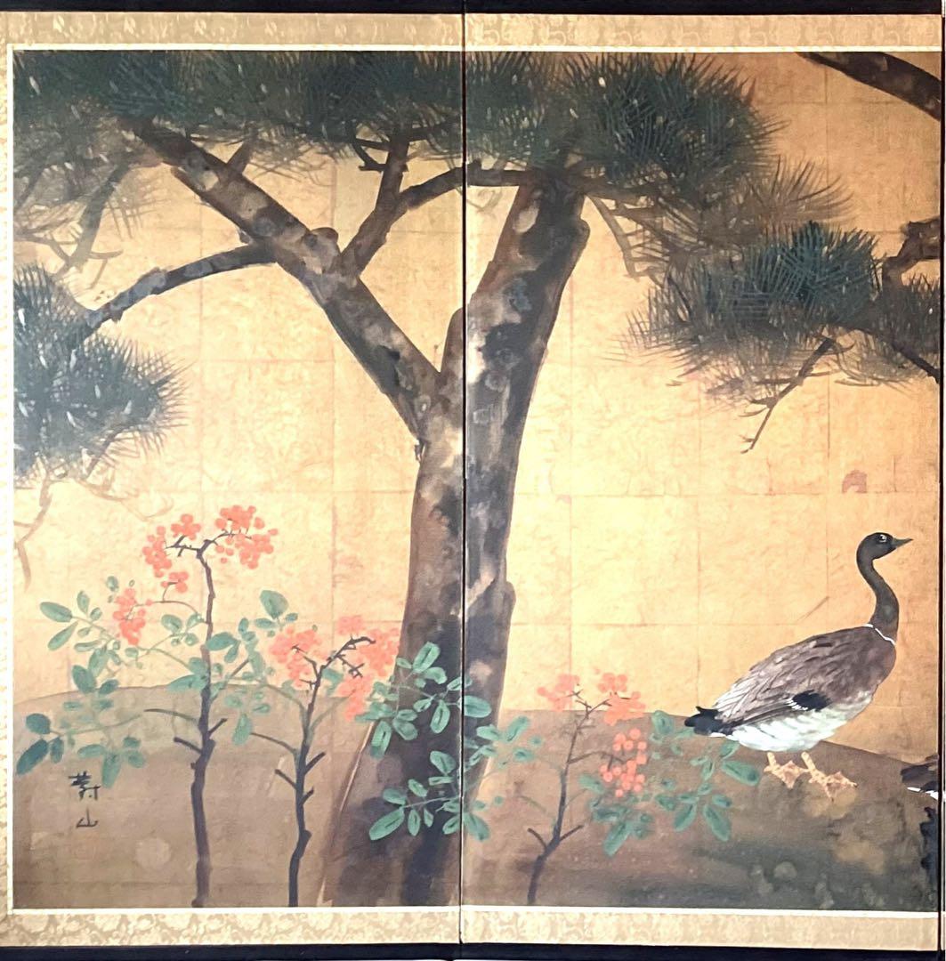 四つ折り屏風　日本画　金箔彩色　松に鴨