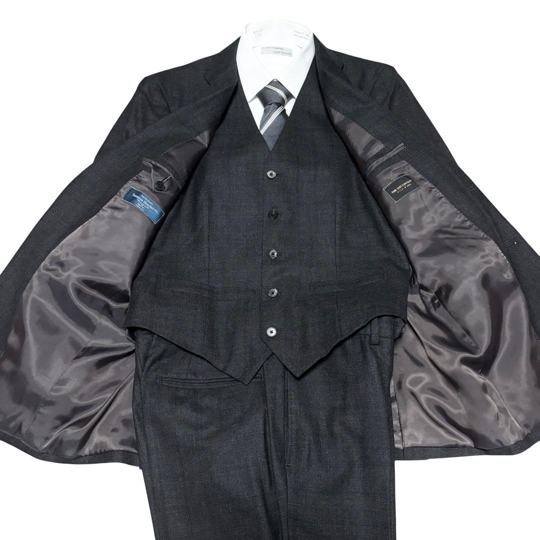美品 スーツカンパニー 3ピース スーツ ダークブラウン チェック M