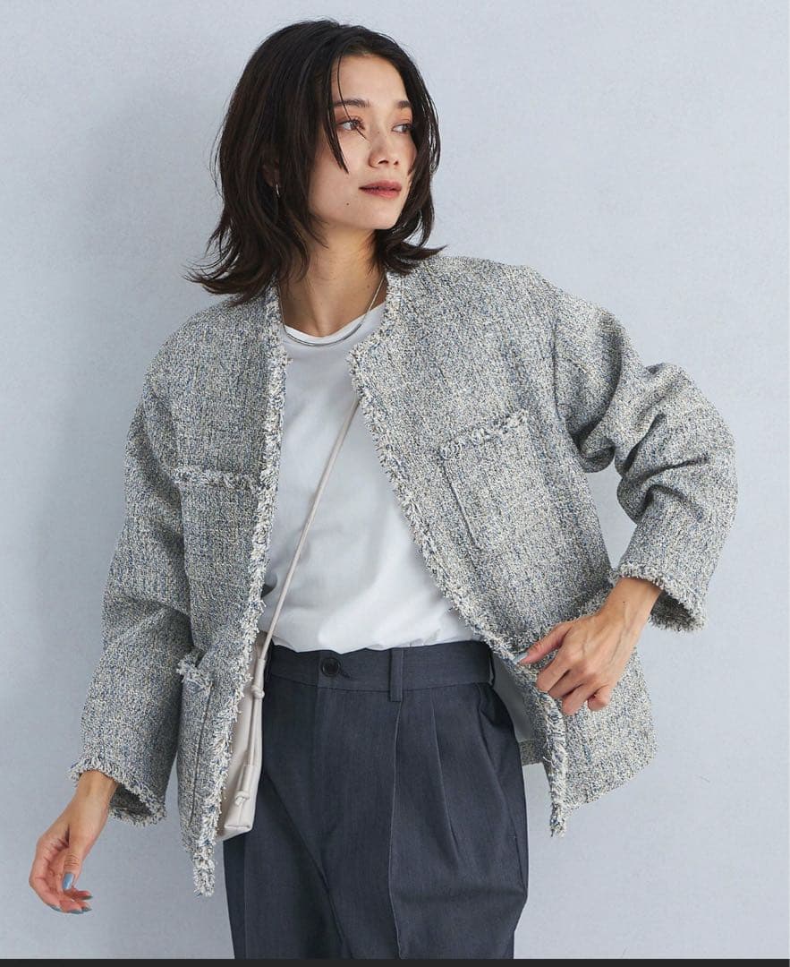 ミックスツイードライクポケットノーカラージャケット★グリーンレーベル　38 M