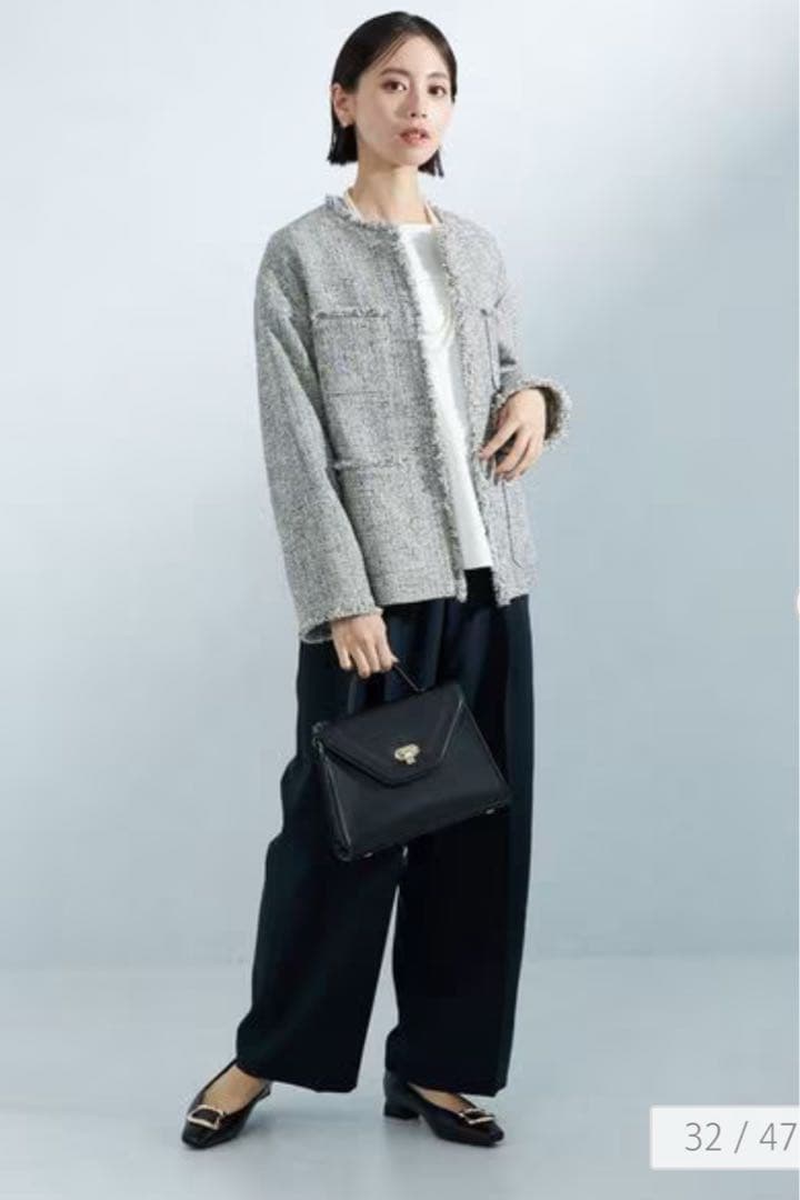 ミックスツイードライクポケットノーカラージャケット★グリーンレーベル　38 M