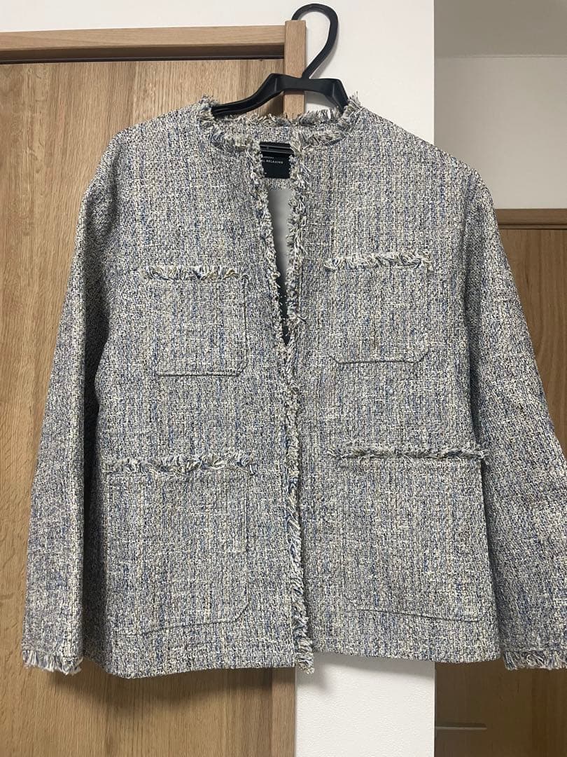 ミックスツイードライクポケットノーカラージャケット★グリーンレーベル　38 M