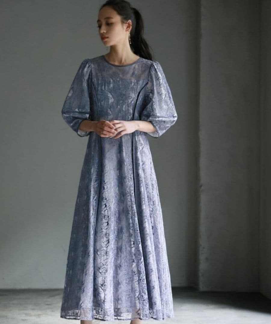 美品 GIRL パフスリーブ レース マキシドレス L 大きい ゆったり 結婚式