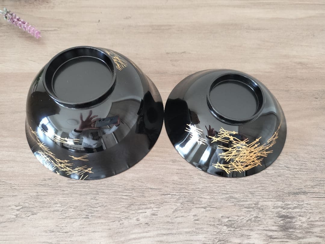 輪島塗 黒色漆器 蓋付汁椀　5客セット 松葉 金彩模様 桐箱付き