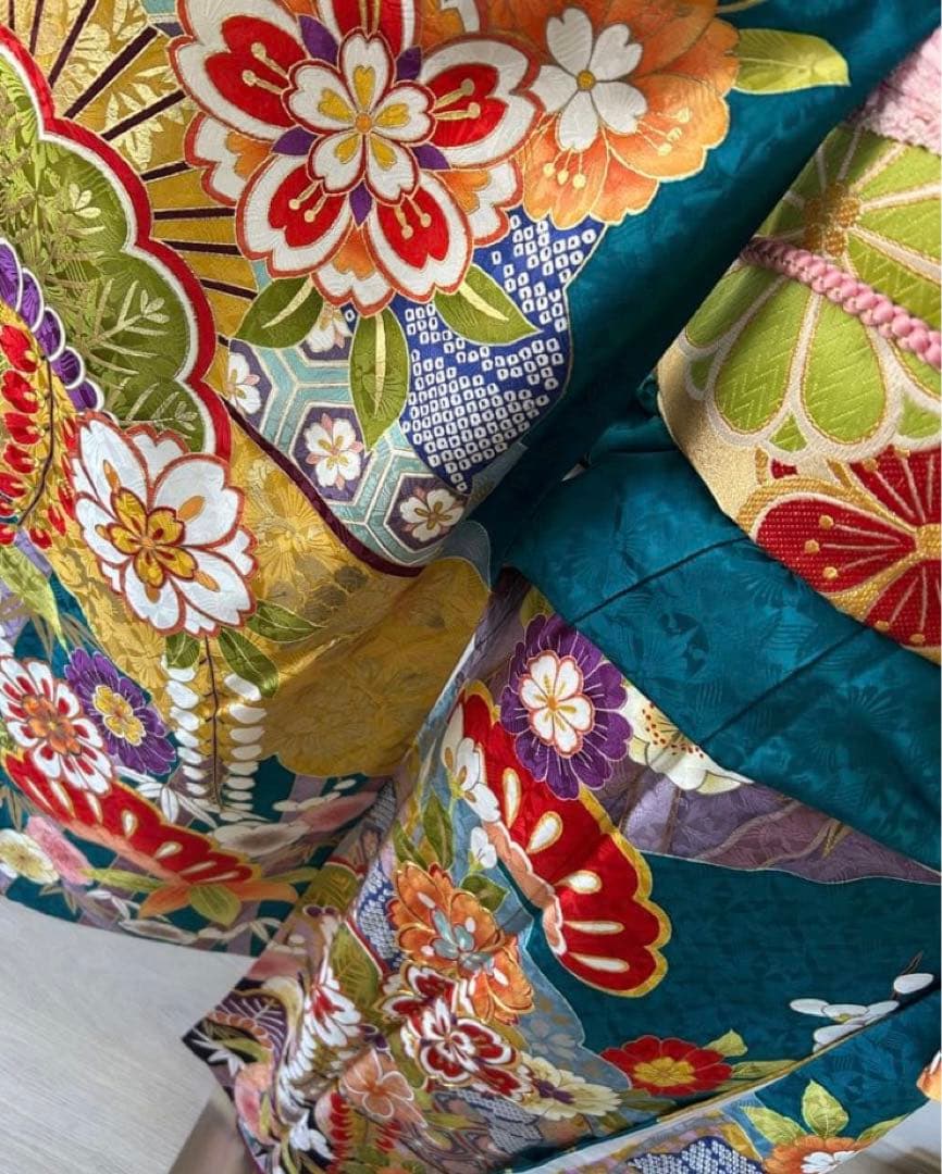 振袖フルセット　華やかな花柄　青ブルー系　古典柄