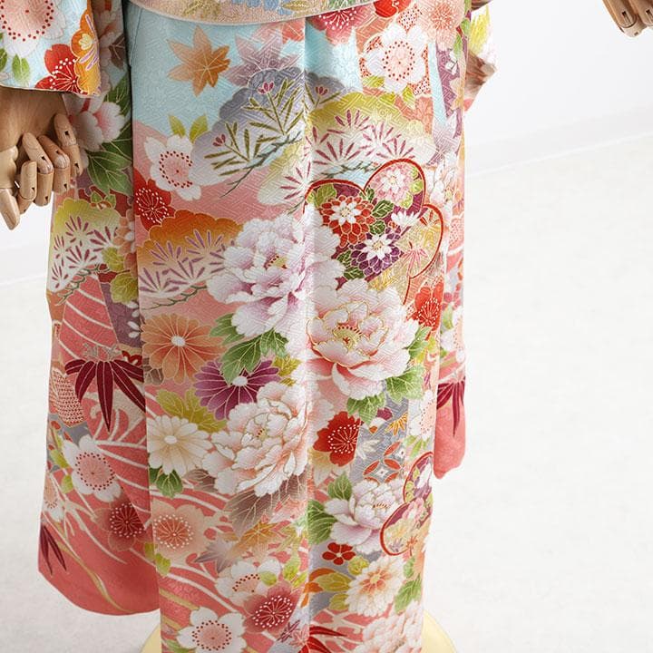 ◆正絹振袖６点セット◆水色ベースに古典柄振袖　 HKZ3120