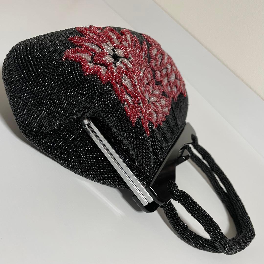 ビンテージ 黒 菊文様 ビーズバッグ 総ビーズ 和装バッグ 和装小物 YK072