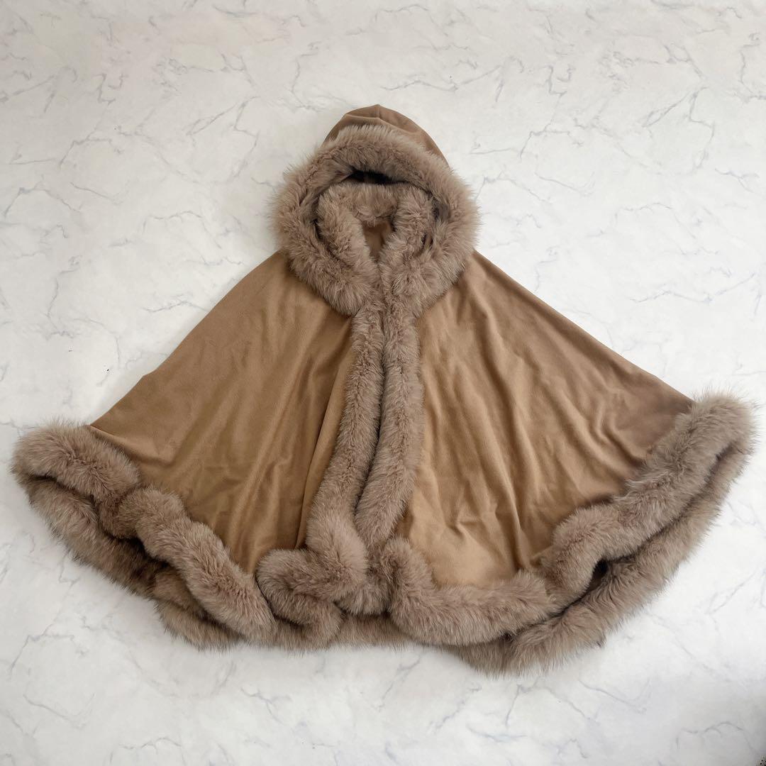 美品 カシミヤ100% ポンチョ フォックスファー 高級 コート 日本製