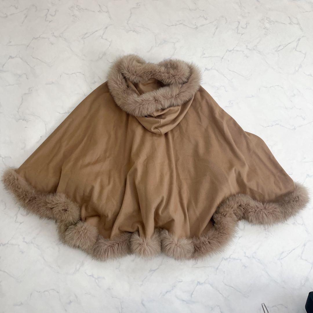 美品 カシミヤ100% ポンチョ フォックスファー 高級 コート 日本製