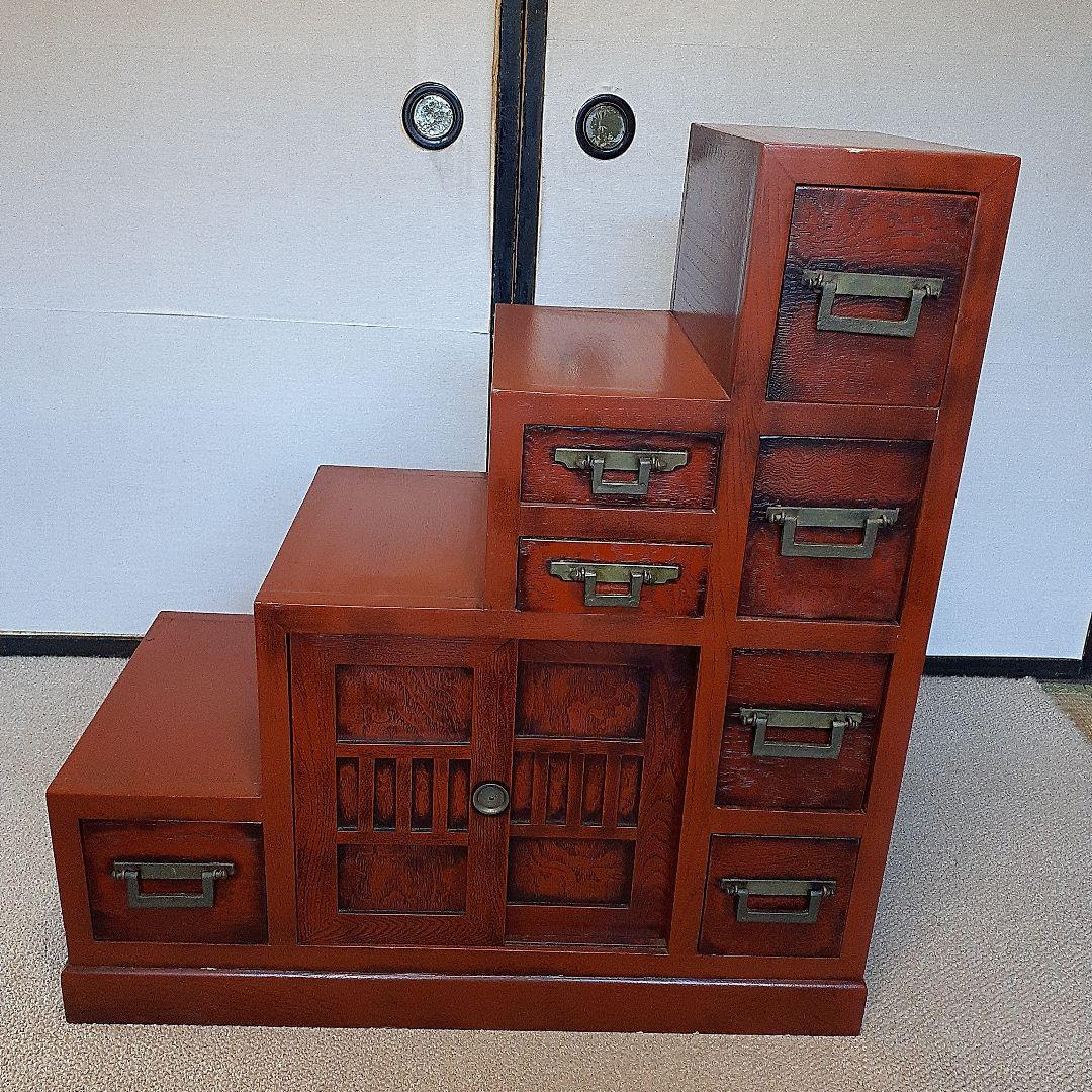 階段箪笥　民芸家具調　四段　両面引き出し　古道具