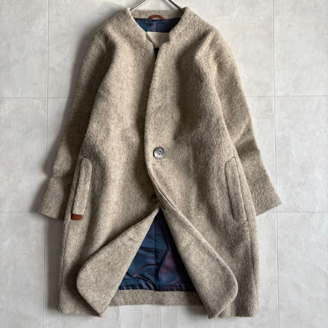 パラスパレス ウール縮絨ノーカラーコート レザー 貝ボタン2 ベージュ系