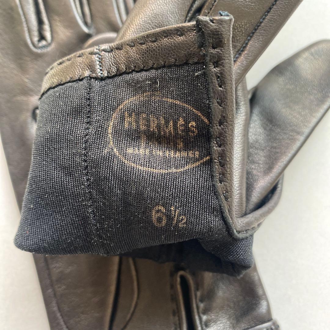 美品　エルメス　レザーグローブ　ブラック　黒革手袋　シルク裏地　サイズ6ハーフ