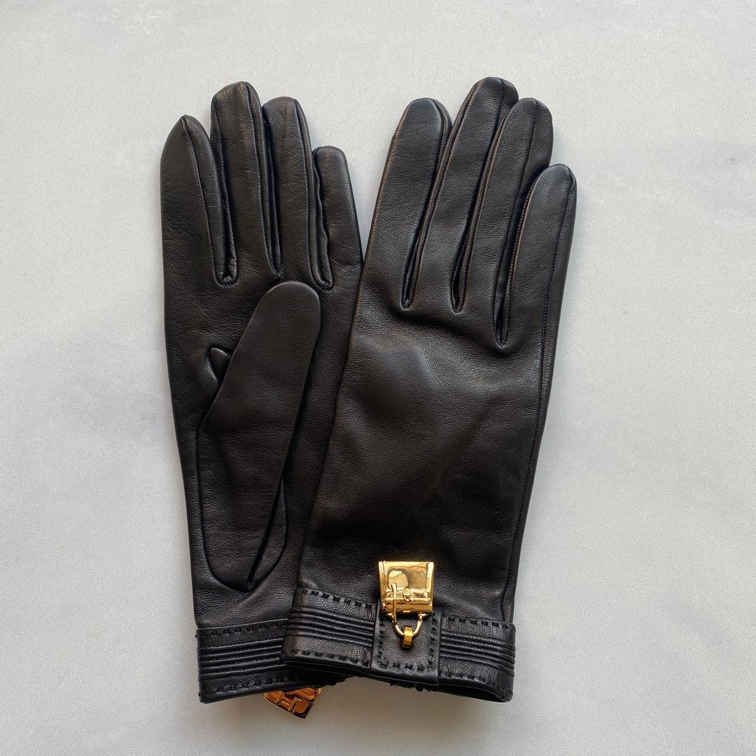 美品　エルメス　レザーグローブ　ブラック　黒革手袋　シルク裏地　サイズ6ハーフ