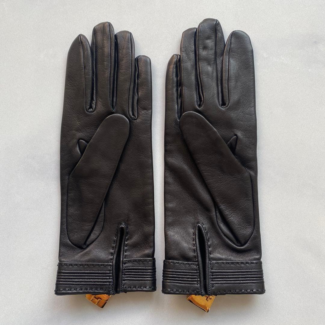 美品　エルメス　レザーグローブ　ブラック　黒革手袋　シルク裏地　サイズ6ハーフ