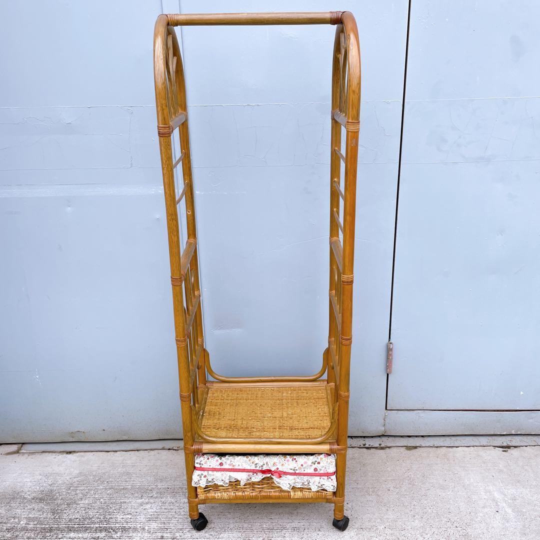 昭和レトロ アーチ型 ラタンハンガーラック 籐家具 古道具 古家具 キャスター付