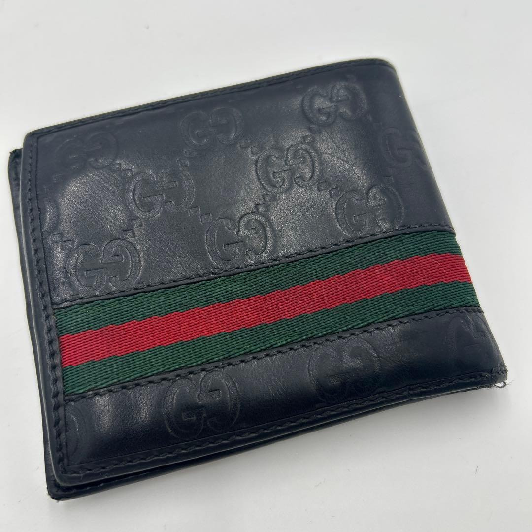 GUCCI シェリーライン　シマ　レザー　折り財布　ブラック　二つ折り財布　財布