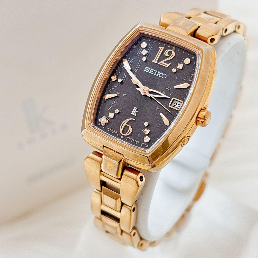 稼働美品✨セイコー　ルキア　1pダイヤ　腕時計 電波ソーラー ゴールド　トノー