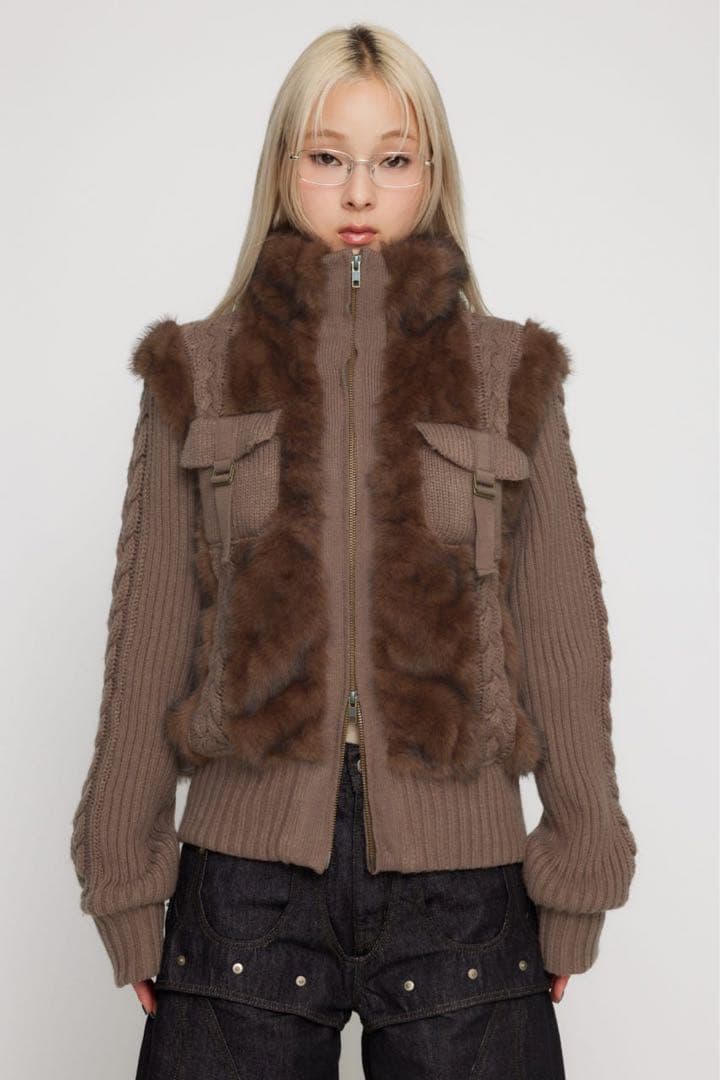 LAGUA GEM CABLE KNIT FAUX FUR ブルゾン　ブラウン