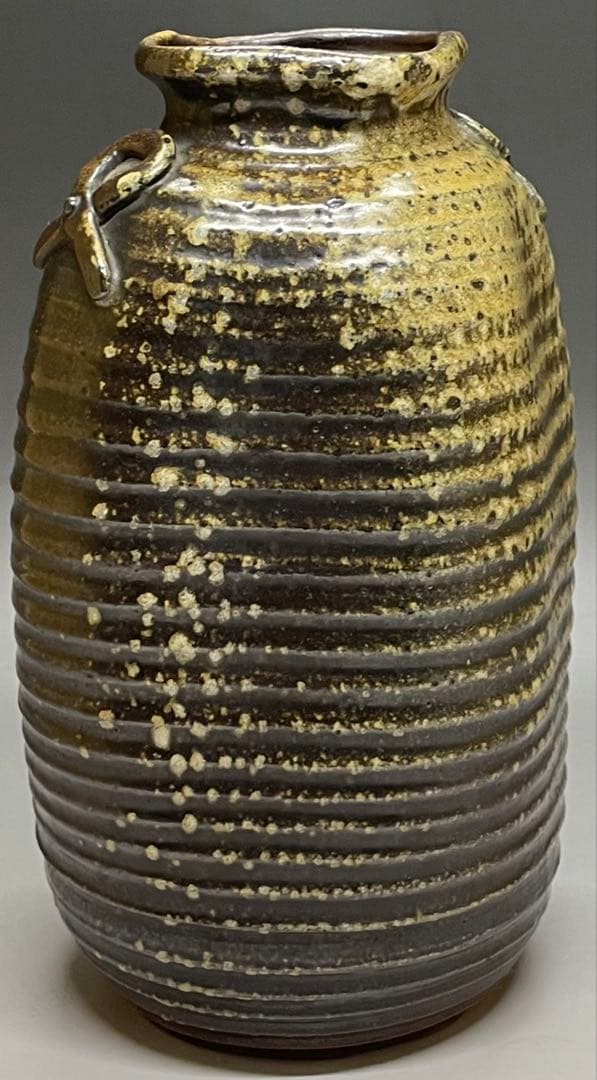 ヨシモ※プロフ必読※古備前　桂又三郎織　結文耳轆轤目ヘコミ花生　G532