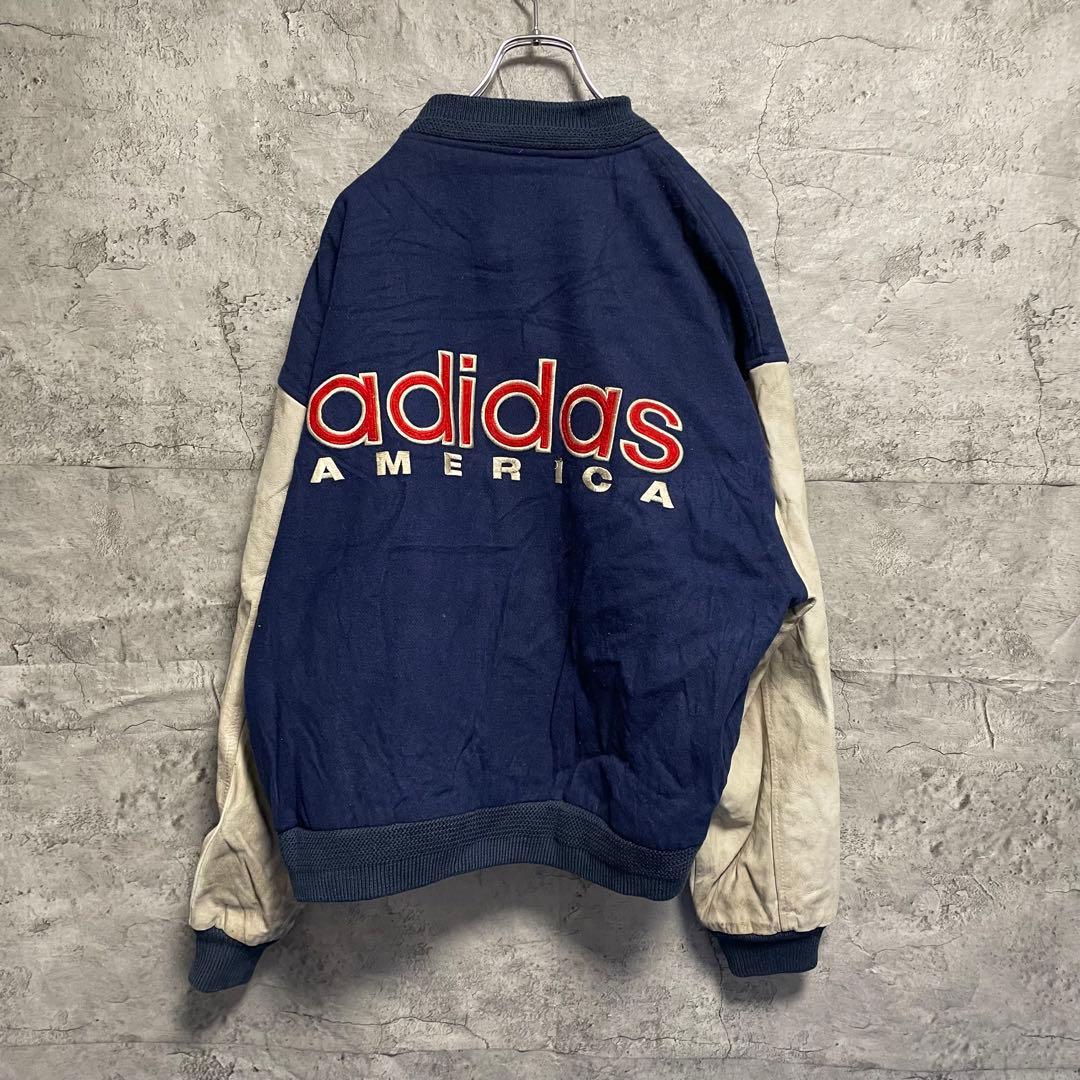 ビンテージ　アディダス　スタジャン　袖レザー　古着　80s 本革　刺繍　L