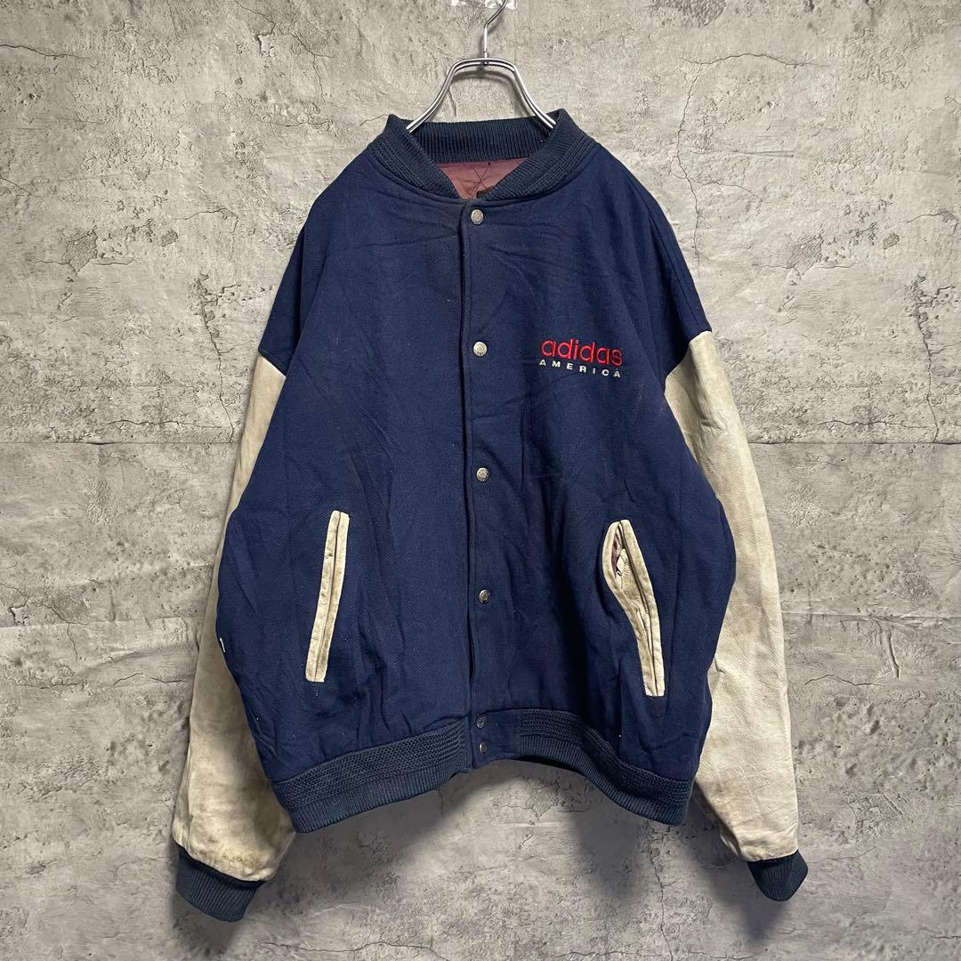 ビンテージ　アディダス　スタジャン　袖レザー　古着　80s 本革　刺繍　L