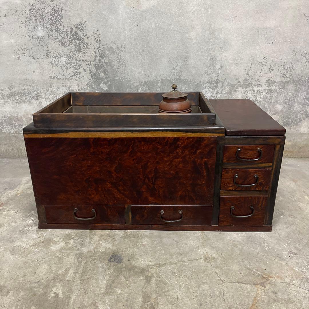 当時物　関東火鉢 欅 長火鉢　銅壺付き　欅　黒柿　猫板　時代家具　アンティーク