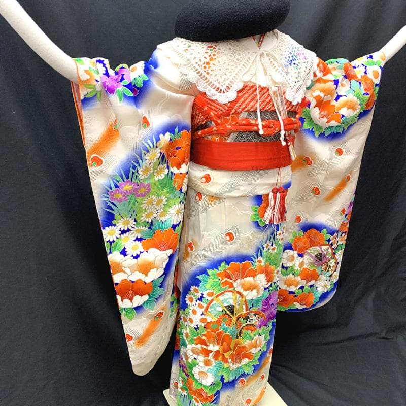 506ag3着物&長襦袢□七五三 七歳 女児 金彩 花 鼓 孔雀羽□良好