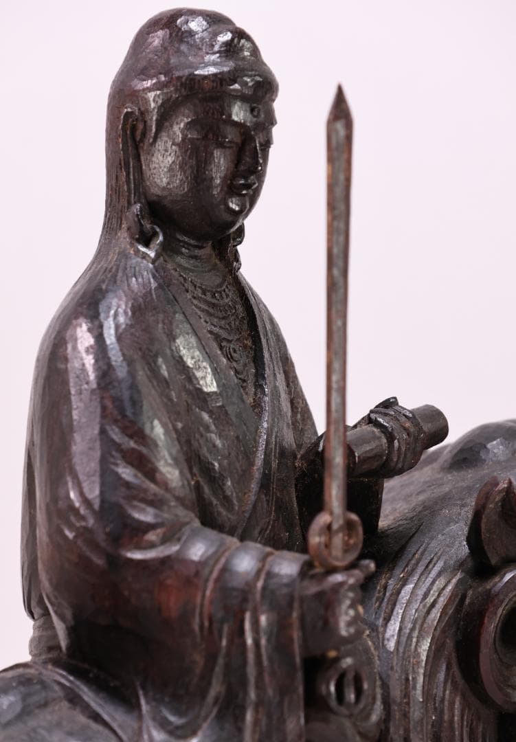 でこい　石崎秀峰 勤作 「 木彫 文殊菩薩 」 金銘　共箱 高さ37.5㎝