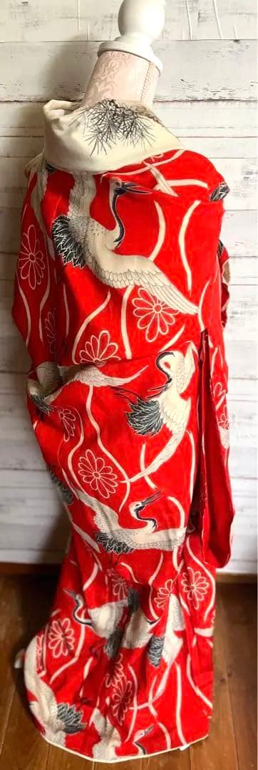 3907◆アンティーク長襦袢時代物縮緬朱赤に鶴艶やか品格のある逸品