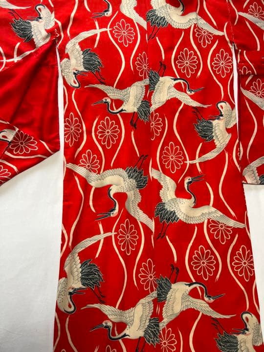 3907◆アンティーク長襦袢時代物縮緬朱赤に鶴艶やか品格のある逸品