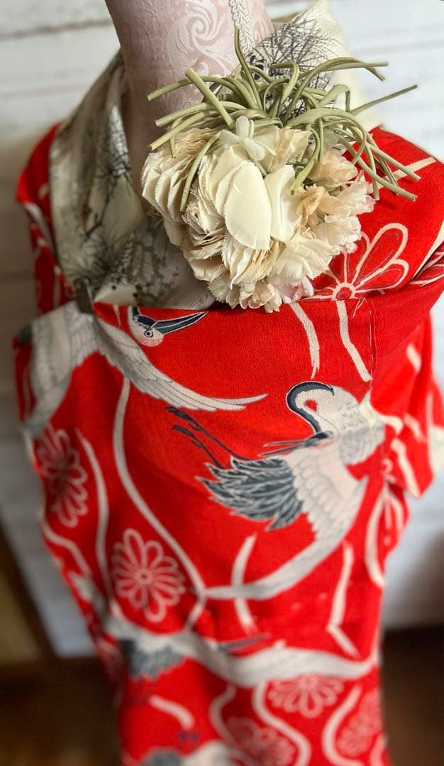 3907◆アンティーク長襦袢時代物縮緬朱赤に鶴艶やか品格のある逸品