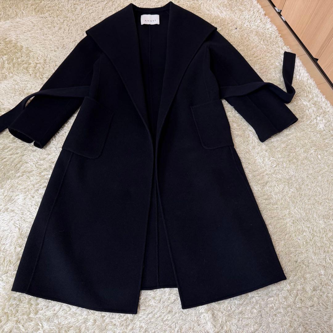 ☆極美品☆ANAYI アナイ　シャルムリバーフーデットコート　ネイビー　38M
