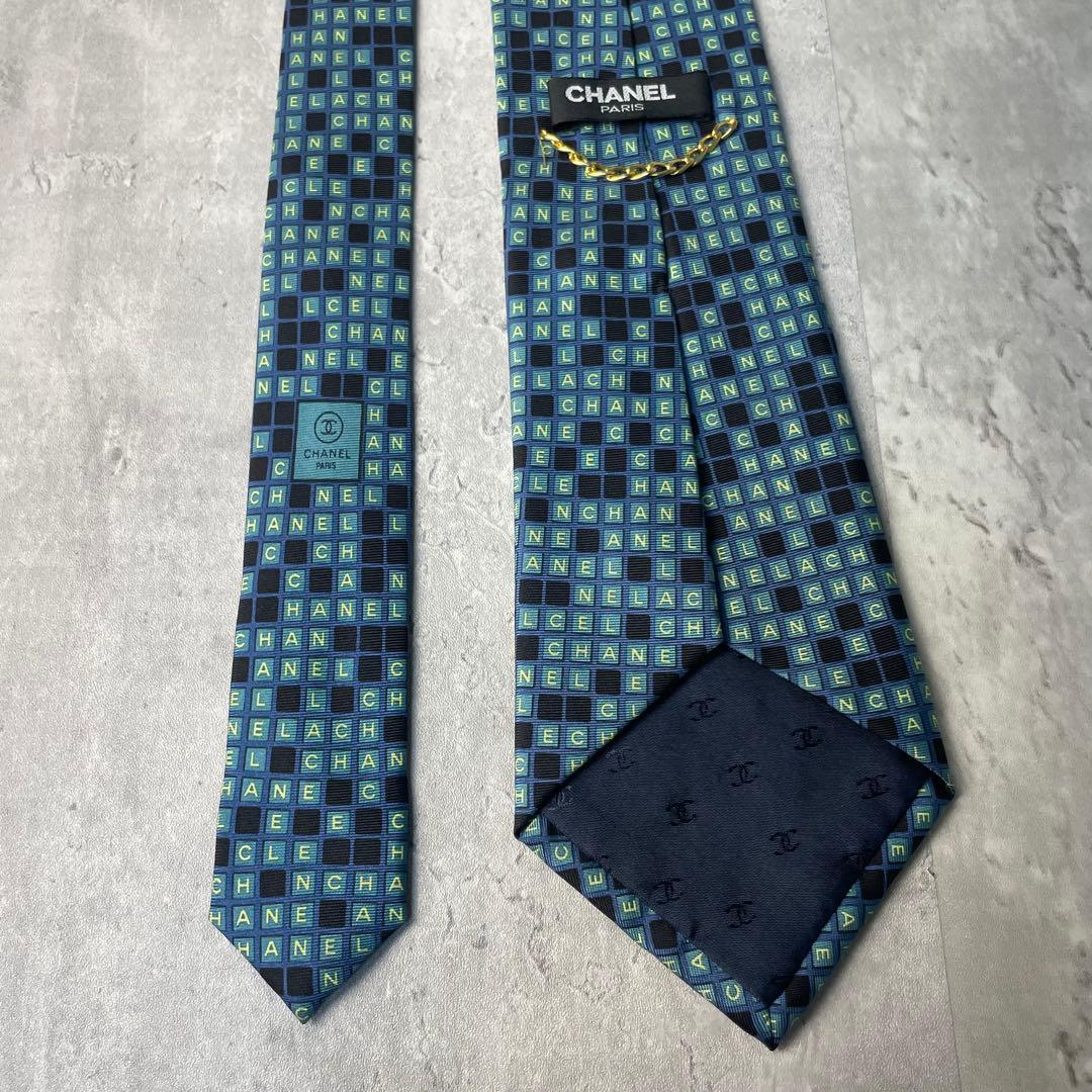 美品 CHANEL シャネル ロゴグラム ブロック ネクタイ グリーン 緑