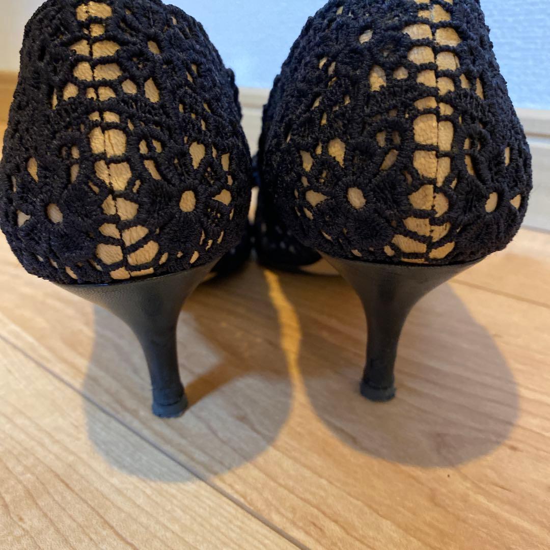 r*ル様 Ferragamo ネイビー レース編みオープントゥヒール