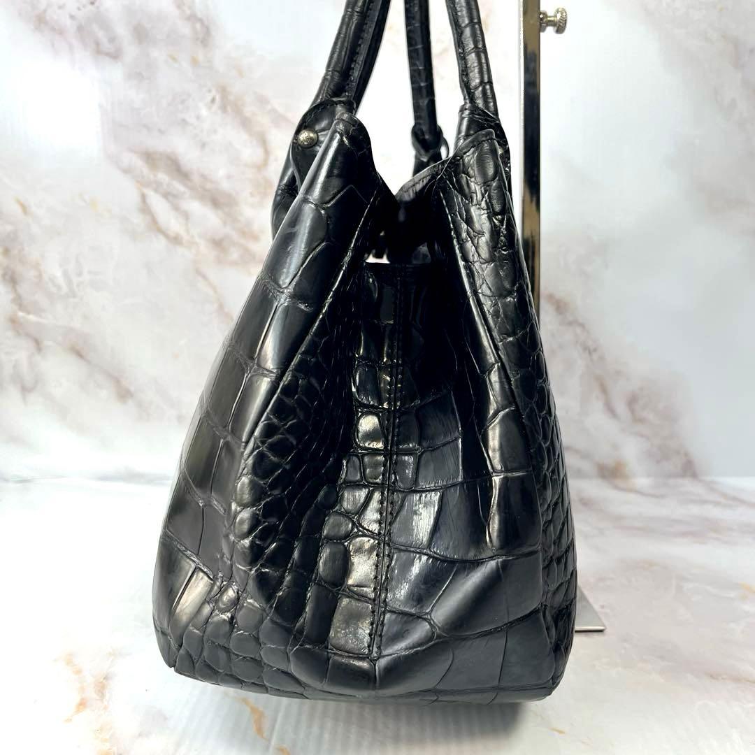 【美品】 FURLA ハンドバッグ クロコ型押し レザー ブラック 黒
